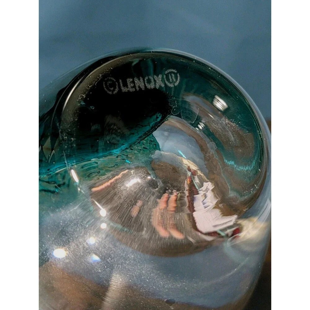 Lenox Barrel Etched Teal Vase Swirl Wave Lighthouse Crystal/Cut Glass 8